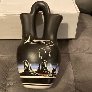 VTG M. Yazzie Navajo handled Double Wedding Vase-Southwest design-"Desert Storm"
